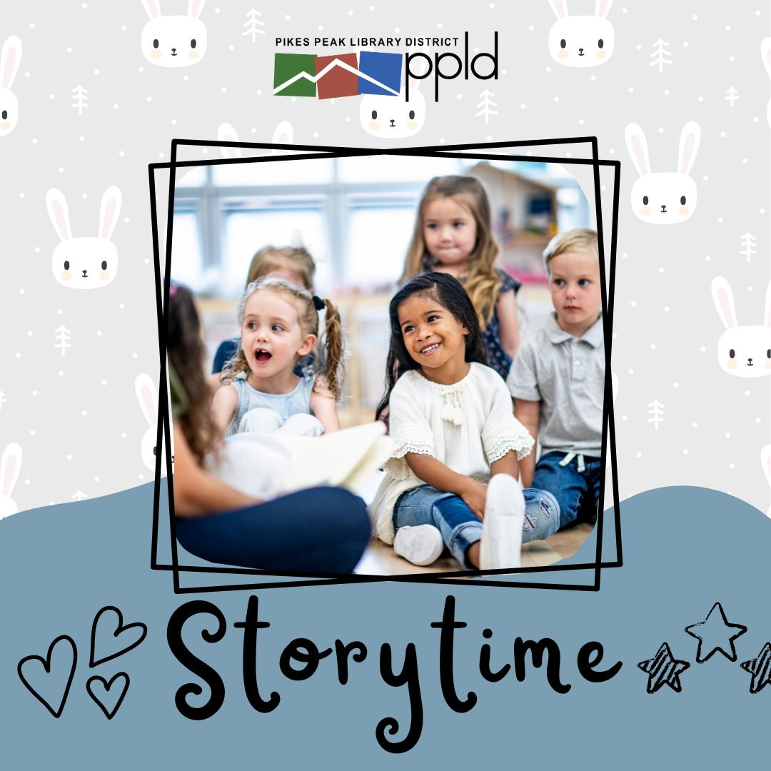 A central frame contains an image of children sitting on the ground and laughing.  The frame is surrounded by illustrations of bunnies, stars, and hearts, with the word "Storytime" at the bottom of the image