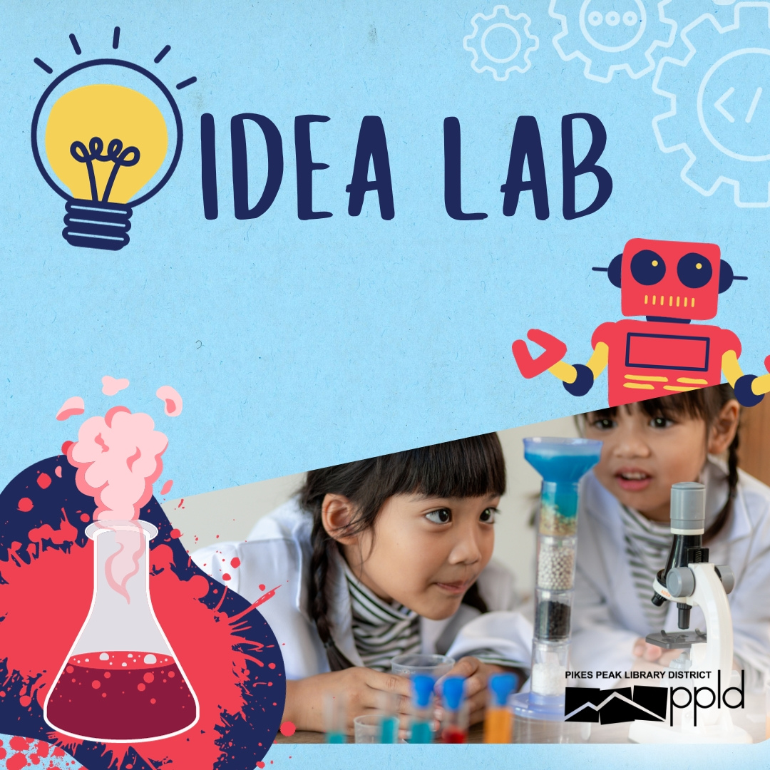 Children observing a science experiment with cute robot and beaker graphics nearby. A lightbulb and the words Idea Lab written at the top.