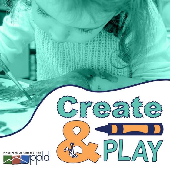 The words Create & Play are written boldly next to an orange crayon. Behind, a child colors.