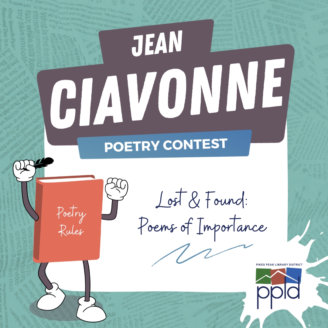 Picture of a book that says "Poetry Rules" and the words Jean Ciavonne Poetry Contest