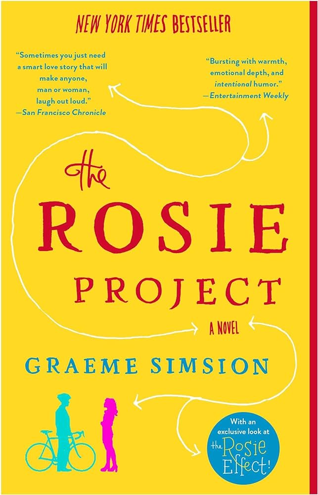 Cover of the book The Rosie Project by Graeme C. Simsion. It is a bright yellow cover with figures of people in the bottom left, one is red, one is yellow, one is teal.