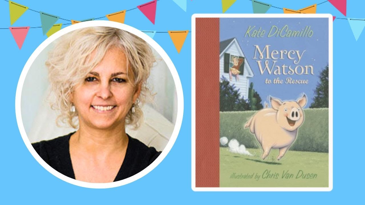 Image of Katie DiCamillo with her book Mercy Watson to the Rescue. 