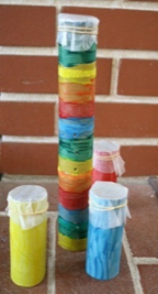 Colorful noise makers made out of re-used paper tubes