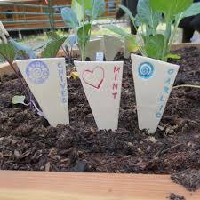 Image showing three white ceramic garden markers stuck in the ground. They are labelled chives, mint, and garlic.