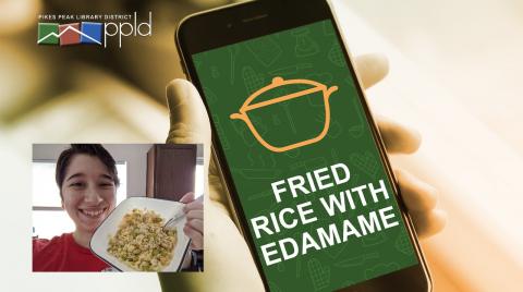 Picture of presenter with text reading "Fried Rice with Edamame"