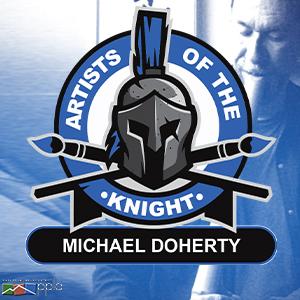 Photo of musician Michael Doherty with superimposed Artist of the Knight logo.