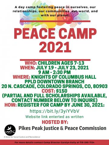 Poster with information about the Peace Camp, including cost, location, dates and times.