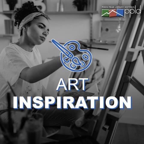 Photograph of a woman painting with overlay text reading 'Art Inspiration'