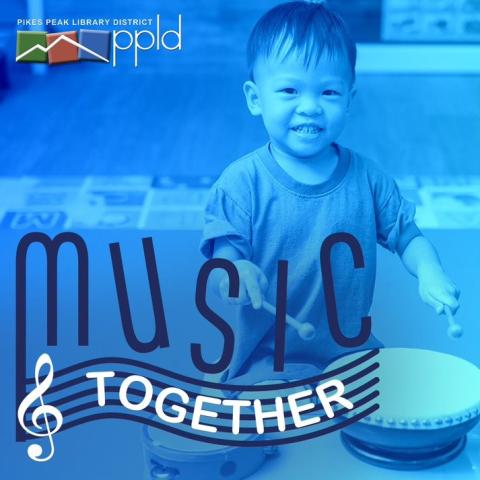 The words "Music Together" are superimposed over a child playing a drum.  The image is in bluescale.  