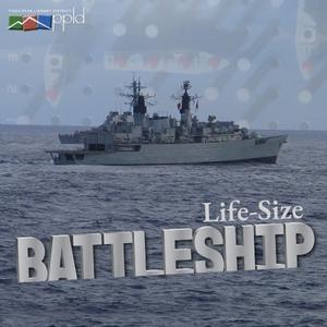 Text reads Life-Sized Battleship with an ocean and battleship in the background