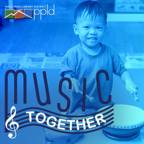 Photo of toddler playing drum with text Music Together