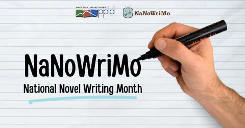 Words NaNoWriMo (National Novel Writing Month) with hand holding a pen