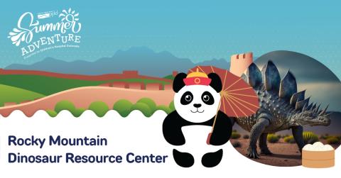 Words Rocky Mountain Dinosaur Resource Center next to a cartoon panda, a dinosaur is in the background