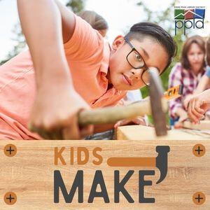 A child leans over and uses a hammer on a piece of wood.  A caption at the bottom reads "Kids MAKE" next to a cartoon hammer.  