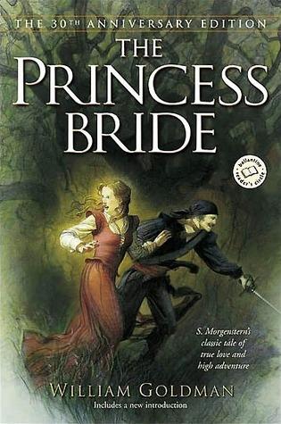Cover of the book The Princess Bride by William Goldman. It depicts a black backgroundw ith green vines around the edges coming inward. The center of the cover shows a woman in a red dress looking backwards while being guided by a man in all black, with a cover on his head and a mask.