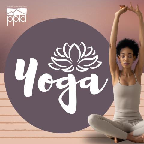 Photo of a woman in yoga pose, PPLD logo above left, word "yoga" superimposed to the left with the icon of a lotus