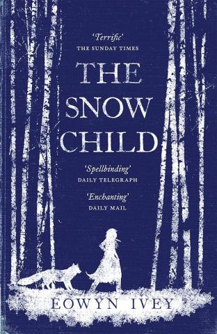 Cover of the book The Snow Child by Eowyn Ivey. It is a dark blue cover with white silhouettes of trees and a young girl at the center of the cover being followed by a fox.