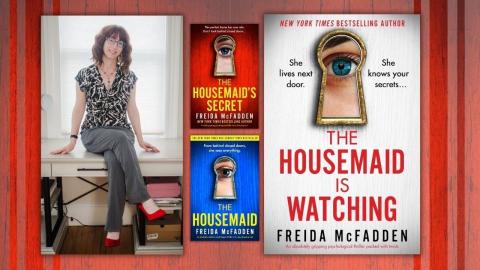 Image of Freida McFadden with her books in The Housemaid series.