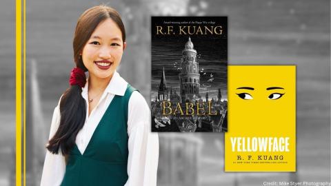Image of R.F. Kuang with her novels Yellowface and Babel