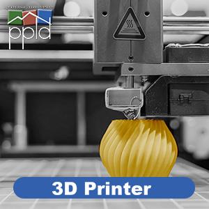 photo of a 3D printer creating a yellow ridged oval shape. PPLD 3D printer