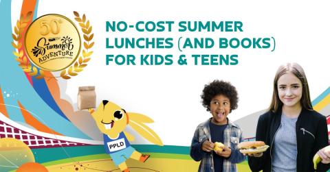 two children holding food in hands- text: no-cost summer lunches (and books) for kids and teens