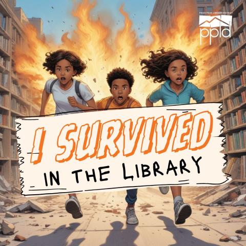 Three children run from an explosion in the illustration style of the I Survived book covers.  A banner reads "I Survived in the Library"