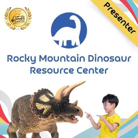 A child stands next to a triceratops underneath the words "Presenter- Rocky mountain Dinosaur Resource Center"