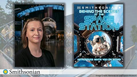 Image of Dr. Jennifer Levasseur with the book Behind the Scenes at the Space Station. 