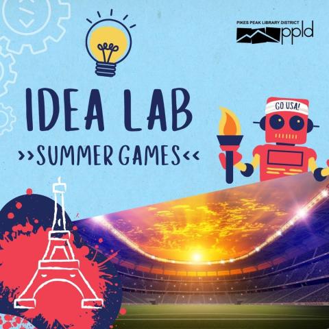 A stadium next to a graphic of the Eiffel Tower.  Above these sits a graphic of a robot wearing a "Go USA!" headband and the words "Idea Lab: Summer Games"