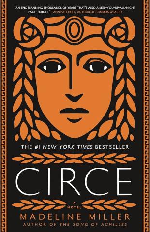 Cover of the book Circe by Madeline Miller. Displays a Greek stlye image of a womans face in orange against a black background