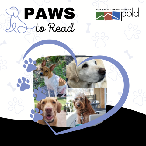 Photo of 4 dogs surrounded by a heart graphic. Text reads: Paws to Read.