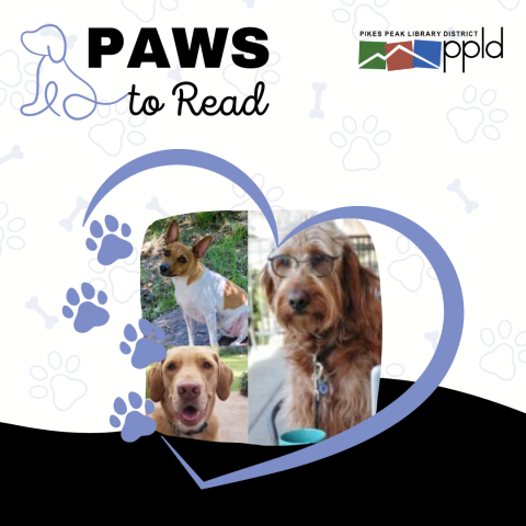 Photo of 3 dogs with heart and paws graphic. Text reads Paws to Read.