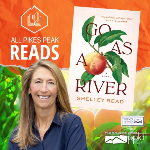 Shelley Read with Go As A River book cover behind her