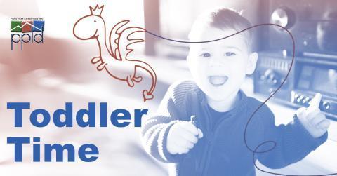 Muted tone image of toddler drawing a dragon in the air, "Toddler Time" written in the foreground, PPLD Logo in the top left corner.