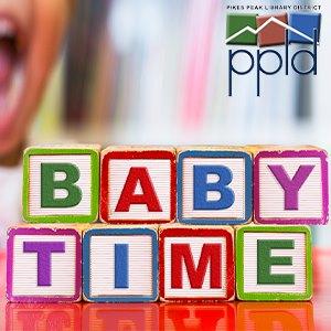 Bright background with blurred child's face, PPLD logo in the top right corner, Baby Time spelled on colorful toy blocks prominently displayed in the foreground.