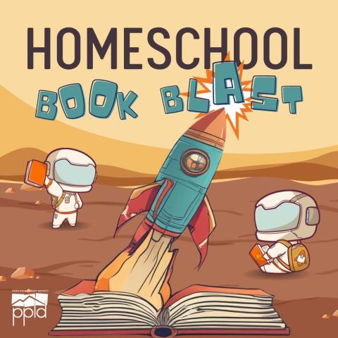 Homeschool Book Blast graphic has the image of a rocket ship taking off and two astronauts nearby.