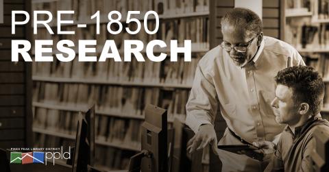 Graphic displaying text "Pre-1850 Research" with a man using a tablet, another man using a computer, and shelves of books in the background 