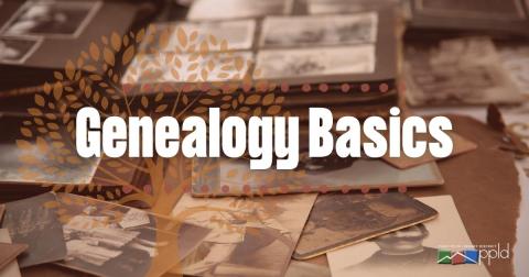 Graphic displaying text "Genealogy Basics" with various books and papers in the background