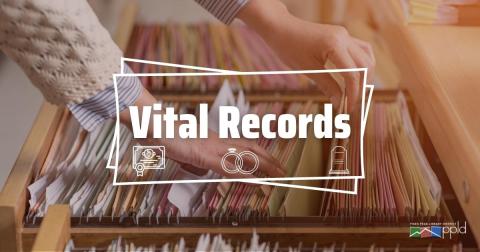 Graphic displaying text "Vital Records" with a close up image of someone's hands pulling a document out of a filing cabinet in the background 