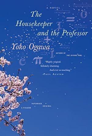 The Cover of "The Housekeeper and the Professor" by Yoko Ogawa. It has a blue background with a cherry blossom tree on the left blowing its leaves behind the cover and a series of mathematical symbol.