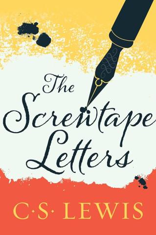 The Cover of "The Screwtape Letters" by C.S. Lewis. It depicts an inkwell pen writing the title of the book against a background that is yellow, white, and red, from top to bottom.