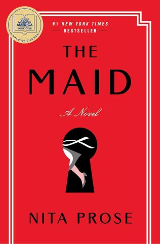 The Cover of "The Maid" by Nita Prose. It is a solid red cover with gold filigree style edges surrounding a keyhole which we can see someone running on the other side of.