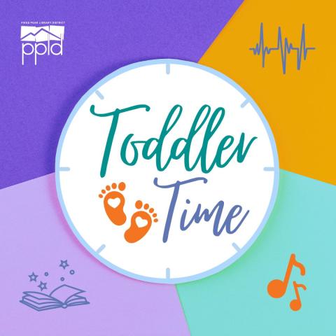 Circle clock shape with text that reads "toddler time" on a bright patchwork background