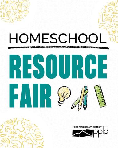 The title, "Homeschool Resource Fair," is accompanied by graphics of a lightbulb, ruler, etc.