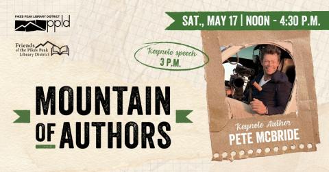 text reading "mountain of authors" with a picture of the keynote speaker and event date and time of May 17, 12-4:30pm