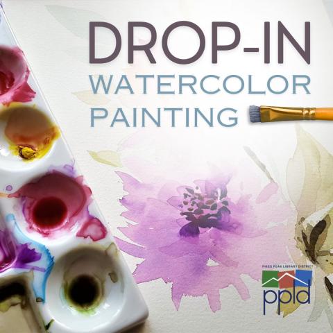 A brush points to the title 'Drop-In Watercolor Painting' which floats over a white background with paint palette to one side and a purple splotch in the center.
