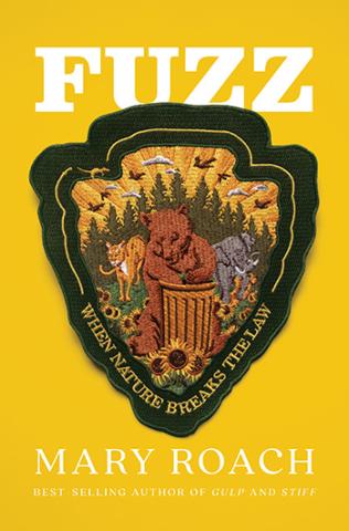 A book cover that reads "Fuzz" on a yellow background with a patch in the shape of an arrow pointing down featuring animals stitched on it