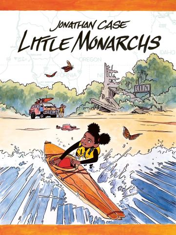 Cover of book entitled "Little Monarchs" featuring a girl trying to get in a kayak on a wave