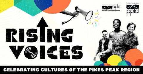 A colorful image with text that reads "Rising Voices" next to a group of people