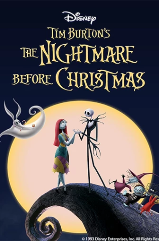 Movie poster for "The Nightmare Before Christmas" featuring several characters against a moonlit sky